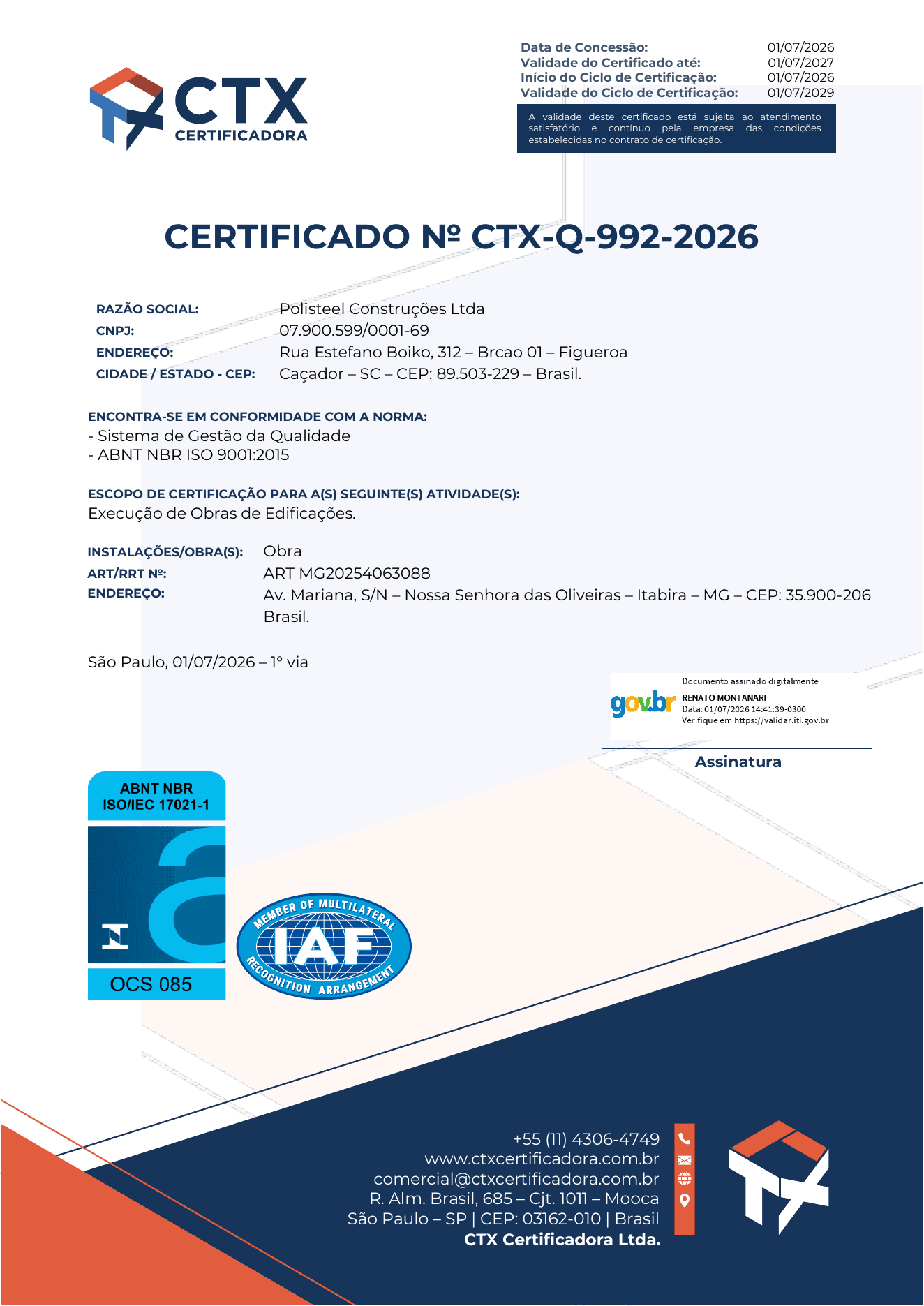 Certificado ABNT NBR ISO 9001:2015 da Poli Steel para execução de obras de edificações