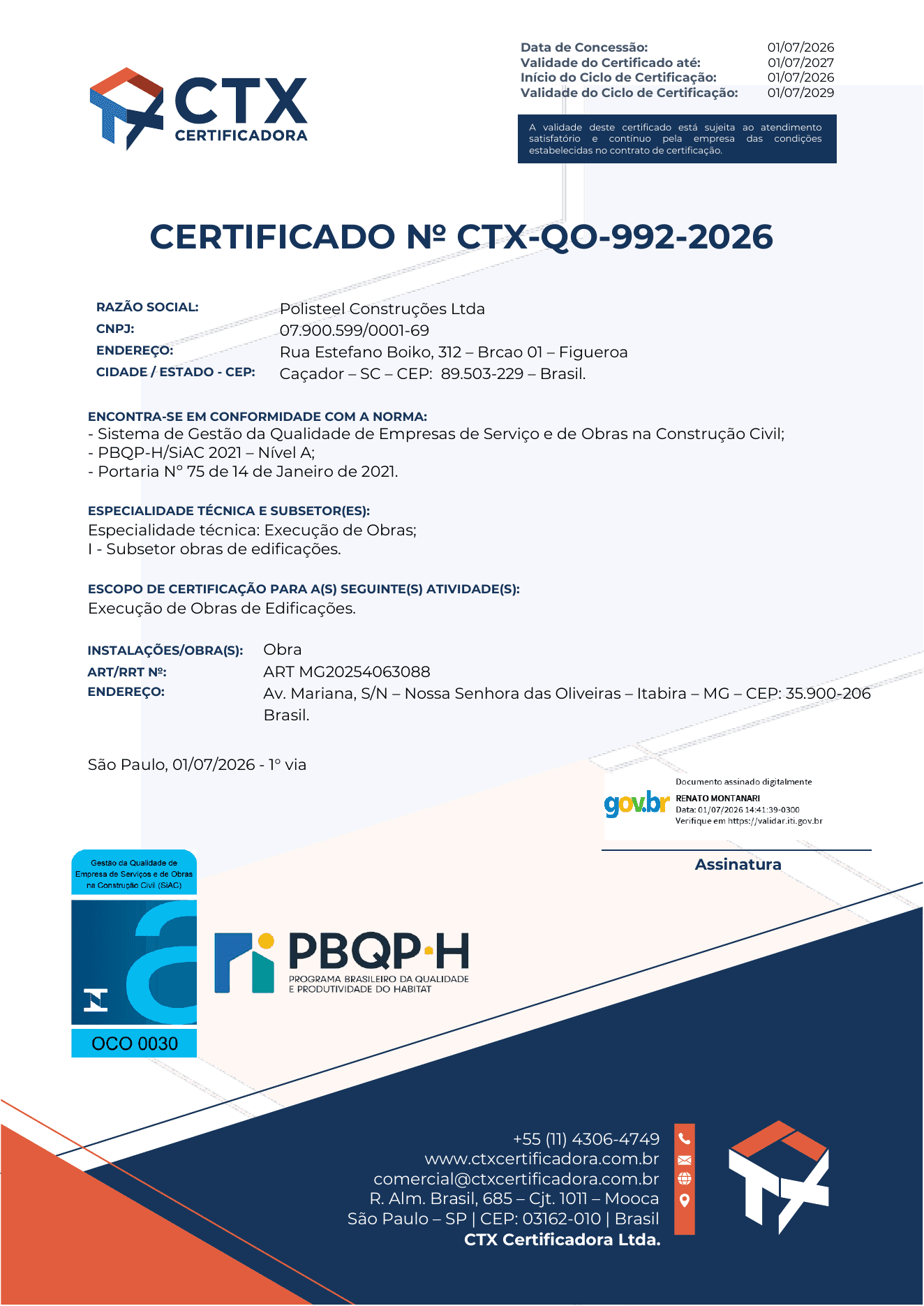 Certificado PBQP-H SiAC 2021 Nível A da Poli Steel para execução de obras de edificações